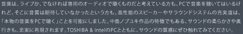 音楽は、ライブか、でなければ専用のオーディオで聴くものだと考えている方も、PCで音楽を聴いてはいるけれど、そこに音質は期待していなかったという方も。高性能のスピーカーやサラウンドシステムの充実度は、「本物の音楽をPCで聴く」ことを可能にしました。中島ノブユキ作品の特徴でもある、サウンドの柔らかさや奥行きも、忠実に再現されます。TOSHIBA & intelのPCとともに、サウンドの質感にぜひ触れてみてください。